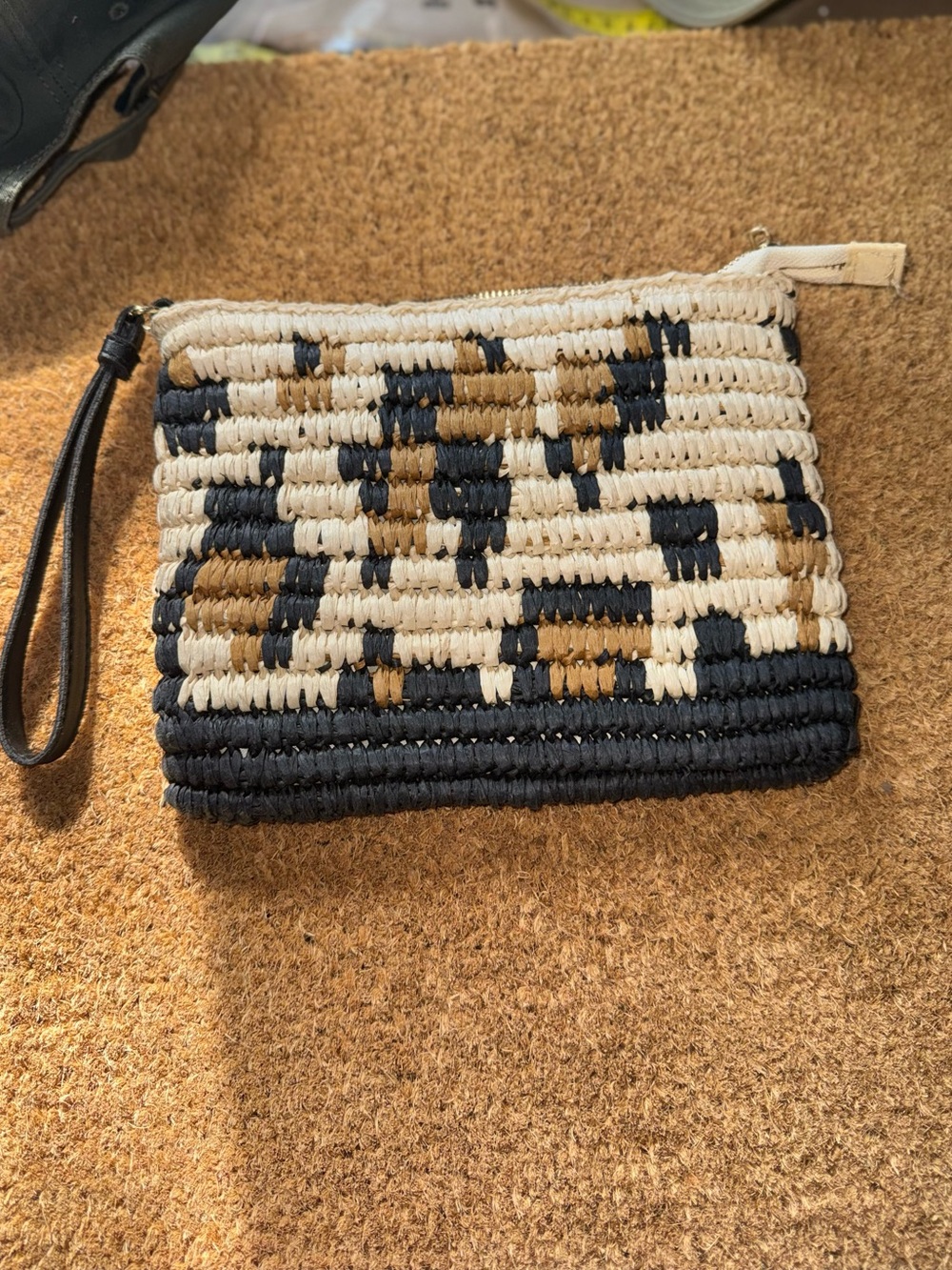 Woven Straw Wristlet Clutch - Black, Cream & Tan